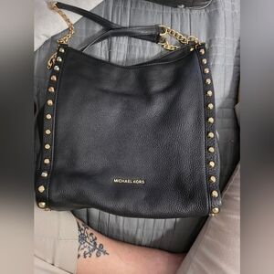 Michael Kors Black Pebbled Leather Goldtone Chain Handles Studded Satchel